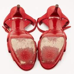 Pre Owned Saint Laurent Paris Red Textured Suede Tribute Platform Ankle Strap Sandals Size 39