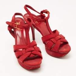 Pre Owned Saint Laurent Paris Red Textured Suede Tribute Platform Ankle Strap Sandals Size 39