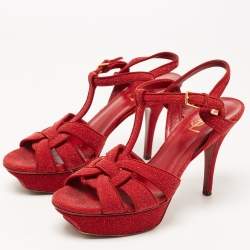 Pre Owned Saint Laurent Paris Red Textured Suede Tribute Platform Ankle Strap Sandals Size 39