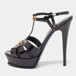 Saint Laurent Black Patent Leather Chain Detail Tribute Sandals Size 38