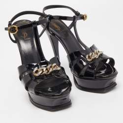 Saint Laurent Black Patent Leather Chain Detail Tribute Sandals Size 38