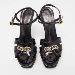Saint Laurent Black Patent Leather Chain Detail Tribute Sandals Size 38