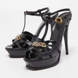 Saint Laurent Black Patent Leather Chain Detail Tribute Sandals Size 38