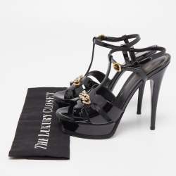 Saint Laurent Black Patent Leather Chain Detail Tribute Sandals Size 38