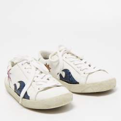 Saint Laurent White Leather and Glitter Low Top Sneakers Size 38.5