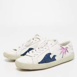 Saint Laurent White Leather and Glitter Low Top Sneakers Size 38.5