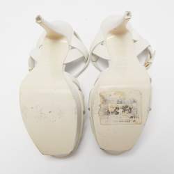 Pre Owned Saint Laurent Paris White Leather Tribute Platform Ankle Strap Sandals Size 40