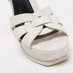 Pre Owned Saint Laurent Paris White Leather Tribute Platform Ankle Strap Sandals Size 40