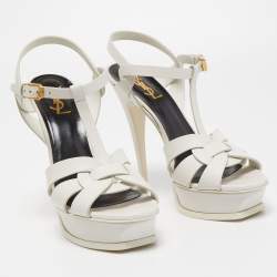 Pre Owned Saint Laurent Paris White Leather Tribute Platform Ankle Strap Sandals Size 40