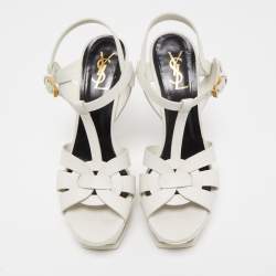 Pre Owned Saint Laurent Paris White Leather Tribute Platform Ankle Strap Sandals Size 40
