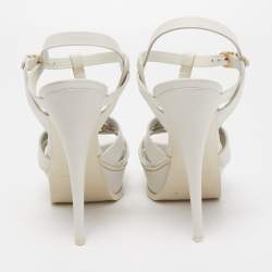 Pre Owned Saint Laurent Paris White Leather Tribute Platform Ankle Strap Sandals Size 40