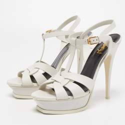Pre Owned Saint Laurent Paris White Leather Tribute Platform Ankle Strap Sandals Size 40