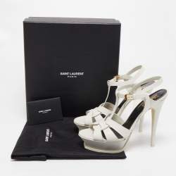Pre Owned Saint Laurent Paris White Leather Tribute Platform Ankle Strap Sandals Size 40