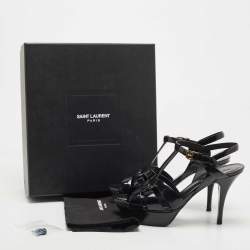 Pre Owned Saint Laurent Paris Black Leather Tribute Platform Ankle Strap Sandals Size 38