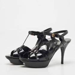 Pre Owned Saint Laurent Paris Black Leather Tribute Platform Ankle Strap Sandals Size 38