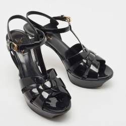 Pre Owned Saint Laurent Paris Black Leather Tribute Platform Ankle Strap Sandals Size 38