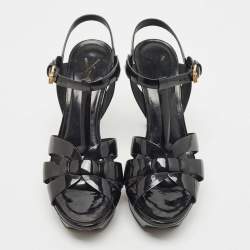 Pre Owned Saint Laurent Paris Black Leather Tribute Platform Ankle Strap Sandals Size 38