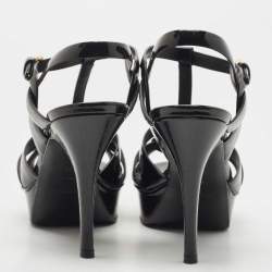 Pre Owned Saint Laurent Paris Black Leather Tribute Platform Ankle Strap Sandals Size 38