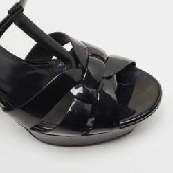 Pre Owned Saint Laurent Paris Black Leather Tribute Platform Ankle Strap Sandals Size 38