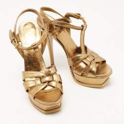 Pre Owned Saint Laurent Metallic Gold Leather Tribute Ankle Strap Platform Sandals Size 38