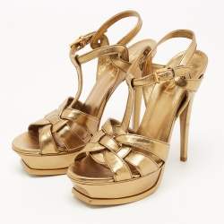 Pre Owned Saint Laurent Metallic Gold Leather Tribute Ankle Strap Platform Sandals Size 38
