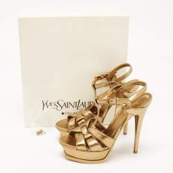 Pre Owned Saint Laurent Metallic Gold Leather Tribute Ankle Strap Platform Sandals Size 38