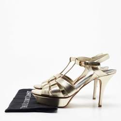 Saint Laurent Paris Gold Leather Tribute Platform Ankle Strap Sandals Size 40.5