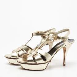 Saint Laurent Paris Gold Leather Tribute Platform Ankle Strap Sandals Size 40.5