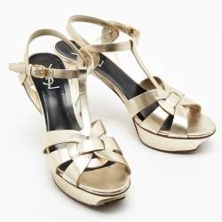 Saint Laurent Paris Gold Leather Tribute Platform Ankle Strap Sandals Size 40.5