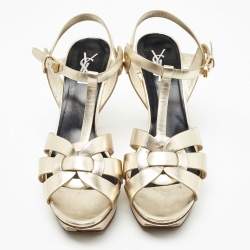 Saint Laurent Paris Gold Leather Tribute Platform Ankle Strap Sandals Size 40.5