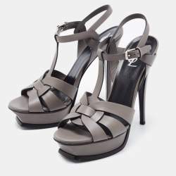 Saint Laurent Grey Patent Leather Tribute Platform Ankle Strap Sandals Size 40