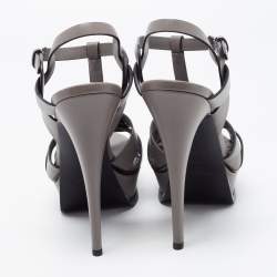 Saint Laurent Grey Patent Leather Tribute Platform Ankle Strap Sandals Size 40