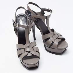 Saint Laurent Grey Patent Leather Tribute Platform Ankle Strap Sandals Size 40