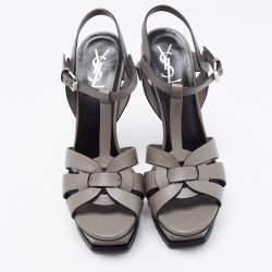 Saint Laurent Grey Patent Leather Tribute Platform Ankle Strap Sandals Size 40