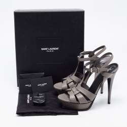 Saint Laurent Grey Patent Leather Tribute Platform Ankle Strap Sandals Size 40