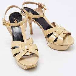 Saint Laurent Beige Patent Leather Tribute Sandals Size 38