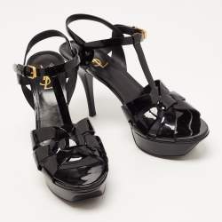 Pre Owned Saint Laurent Black Patent Leather Tribute Platform Ankle Strap Sandals Size 39.5