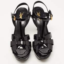 Pre Owned Saint Laurent Black Patent Leather Tribute Platform Ankle Strap Sandals Size 39.5