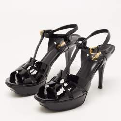 Pre Owned Saint Laurent Black Patent Leather Tribute Platform Ankle Strap Sandals Size 39.5