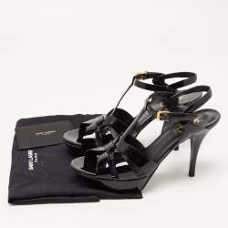 Pre Owned Saint Laurent Black Patent Leather Tribute Platform Ankle Strap Sandals Size 39.5
