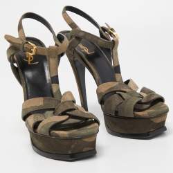 Pre Owned Saint Laurent Green Camouflage Suede Tribute Sandals Size 39