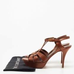 Saint Laurent Brown Leather Tribute Platform Ankle Strap Sandals Size 39