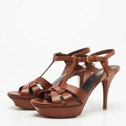 Saint Laurent Brown Leather Tribute Platform Ankle Strap Sandals Size 39