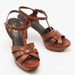 Saint Laurent Brown Leather Tribute Platform Ankle Strap Sandals Size 39