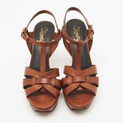 Saint Laurent Brown Leather Tribute Platform Ankle Strap Sandals Size 39