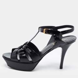 Saint Laurent Paris Black Patent Leather Tribute Platform Ankle Strap Sandals Size 38