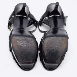 Saint Laurent Paris Black Patent Leather Tribute Platform Ankle Strap Sandals Size 38