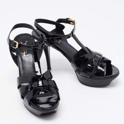 Saint Laurent Paris Black Patent Leather Tribute Platform Ankle Strap Sandals Size 38