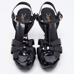 Saint Laurent Paris Black Patent Leather Tribute Platform Ankle Strap Sandals Size 38