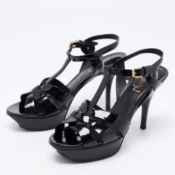 Saint Laurent Paris Black Patent Leather Tribute Platform Ankle Strap Sandals Size 38